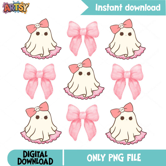 Cute Ghost With Pink Bow PNG Bundle, Coquette Halloween PNG, Ghost Clipart PNG