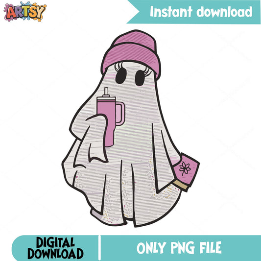Cute Ghost With Stanley Cup PNG, Halloween Ghost PNG, Spooky Season PNG