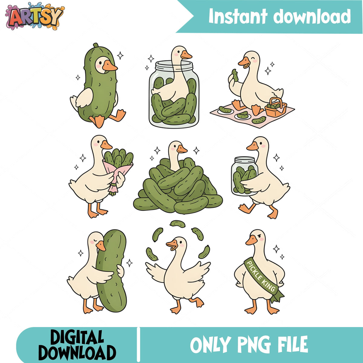 Cute Goose Pickle PNG Bundle, Funny Duck Pickle King PNG, Clipart PNG
