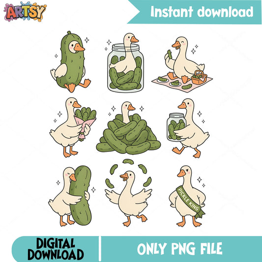 Cute Goose Pickle PNG Bundle, Funny Duck Pickle King PNG, Clipart PNG