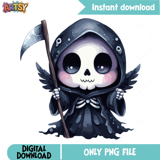 Cute Grim Reaper PNG Clipart, Halloween PNG, Skull Reaper PNG