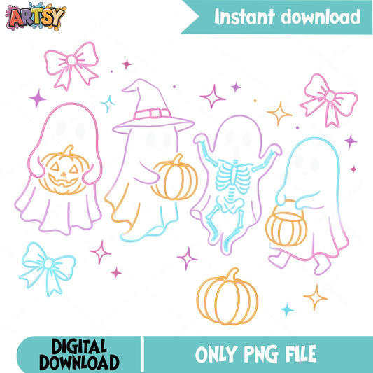 Cute Halloween Ghost PNG, Spooky Pumpkin Skeleton Bow PNG, Halloween PNG