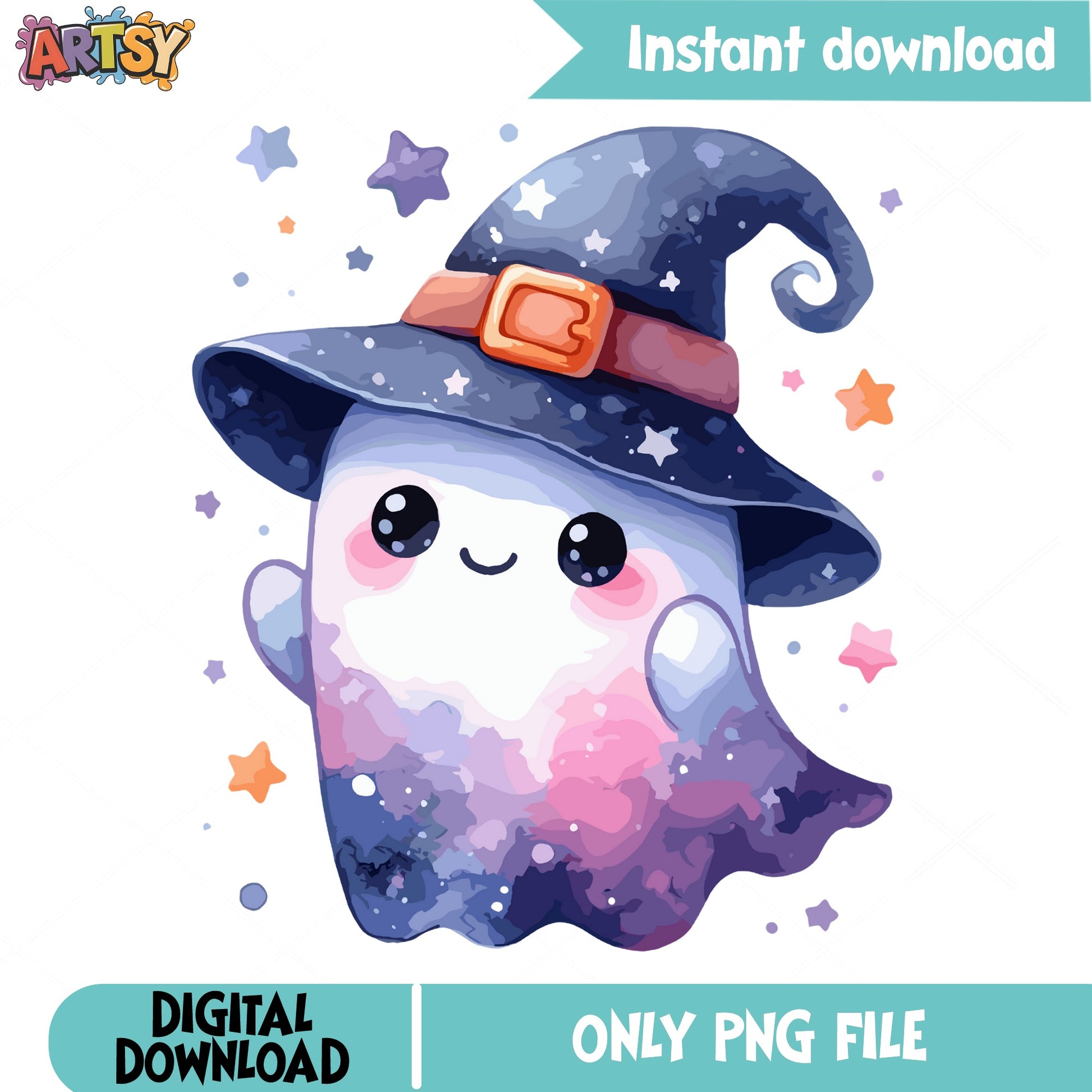 Cute Halloween Ghost PNG, Witch Hat Ghost Clipart, Halloween PNG