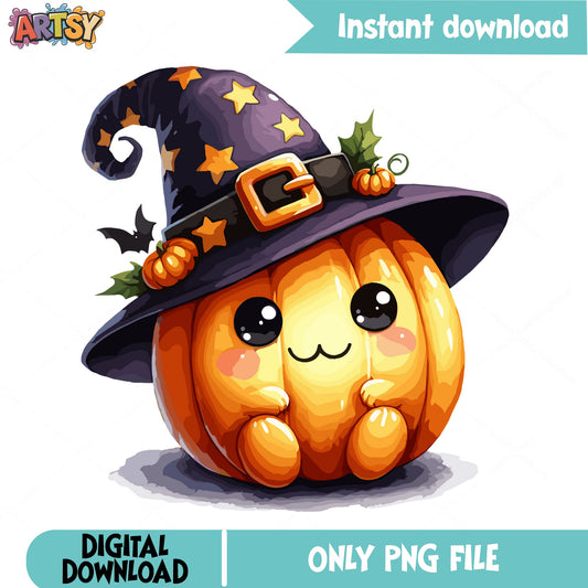 Cute Halloween Pumpkin Witch Hat PNG, Kawaii Pumpkin PNG, Halloween PNG