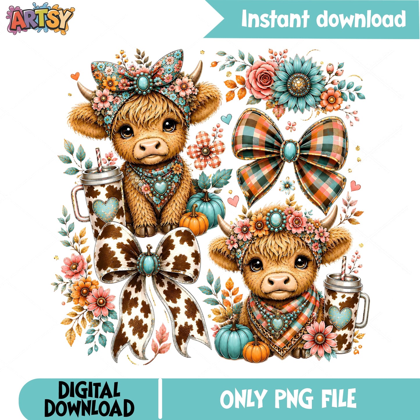 Cute Highland Cow Fall PNG, Boho Floral Cow PNG, Pumpkin PNG