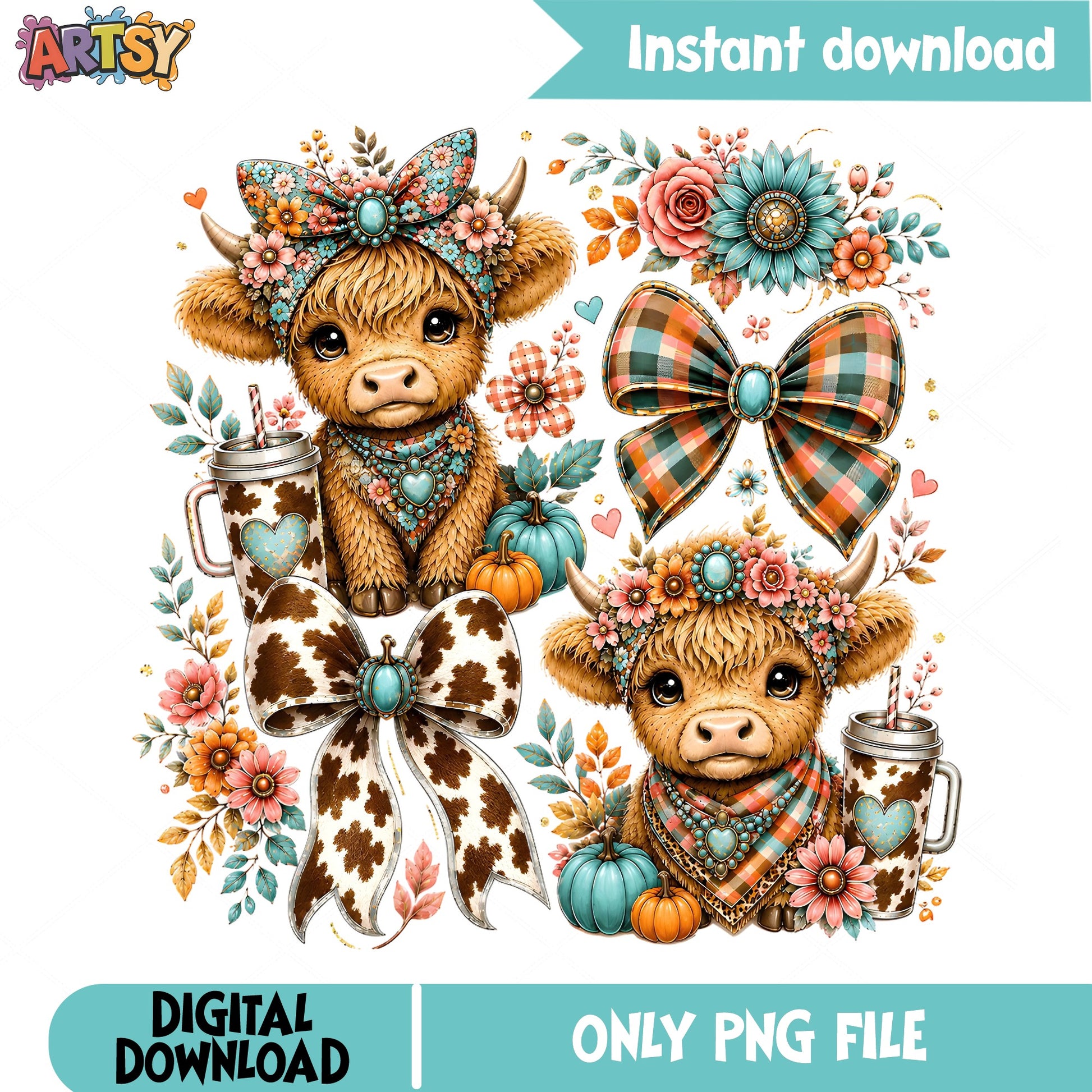 Cute Highland Cow Fall PNG, Boho Floral Cow PNG, Pumpkin PNG