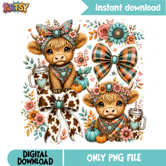 Cute Highland Cow Fall PNG, Boho Floral Cow PNG, Pumpkin PNG