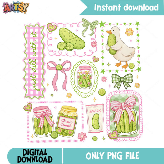 Cute Pickle PNG Bundle, Just Dill With It PNG, Coquette Pickle PNG