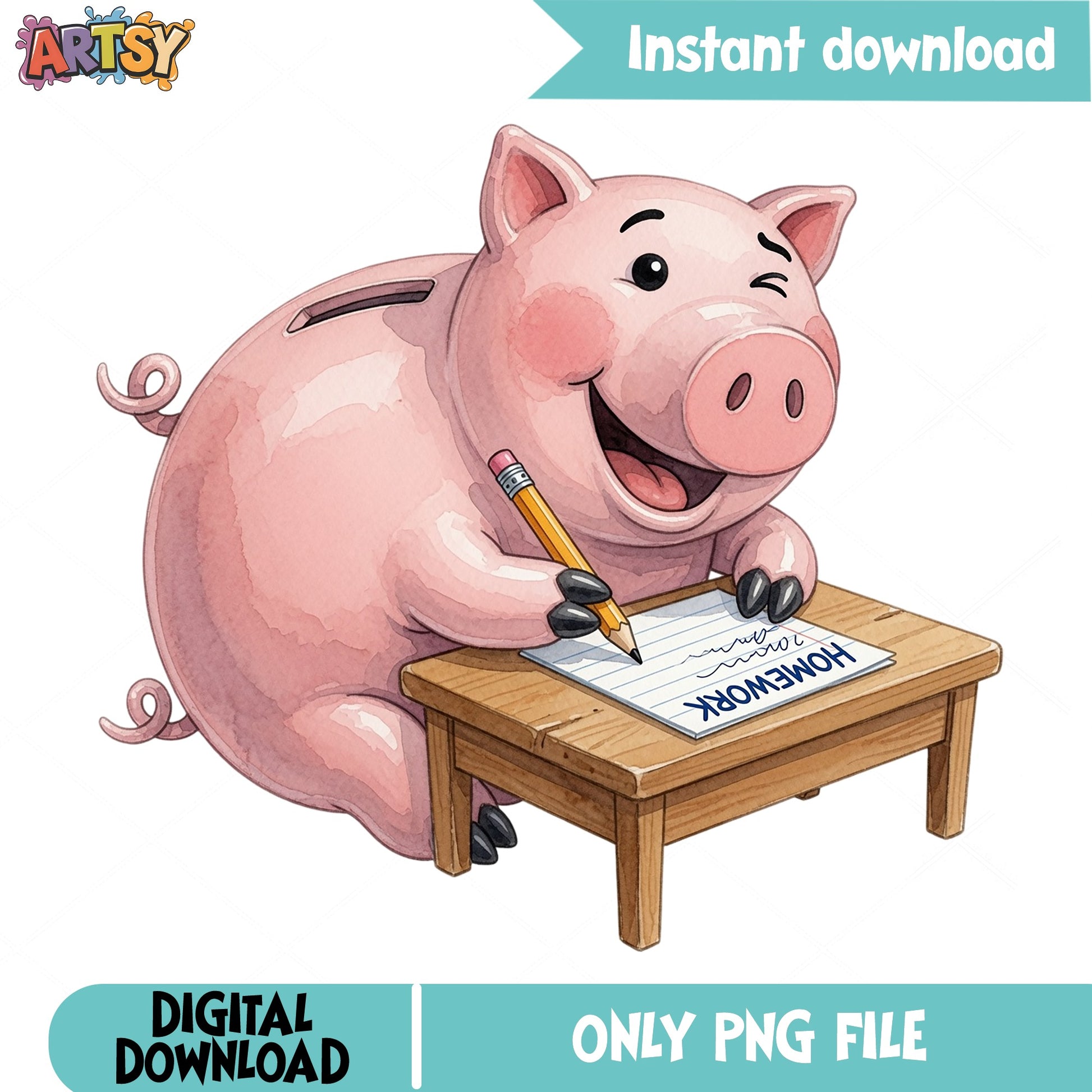 Cute Pig Doing Homework PNG, Funny Pig Clipart, School PNG
