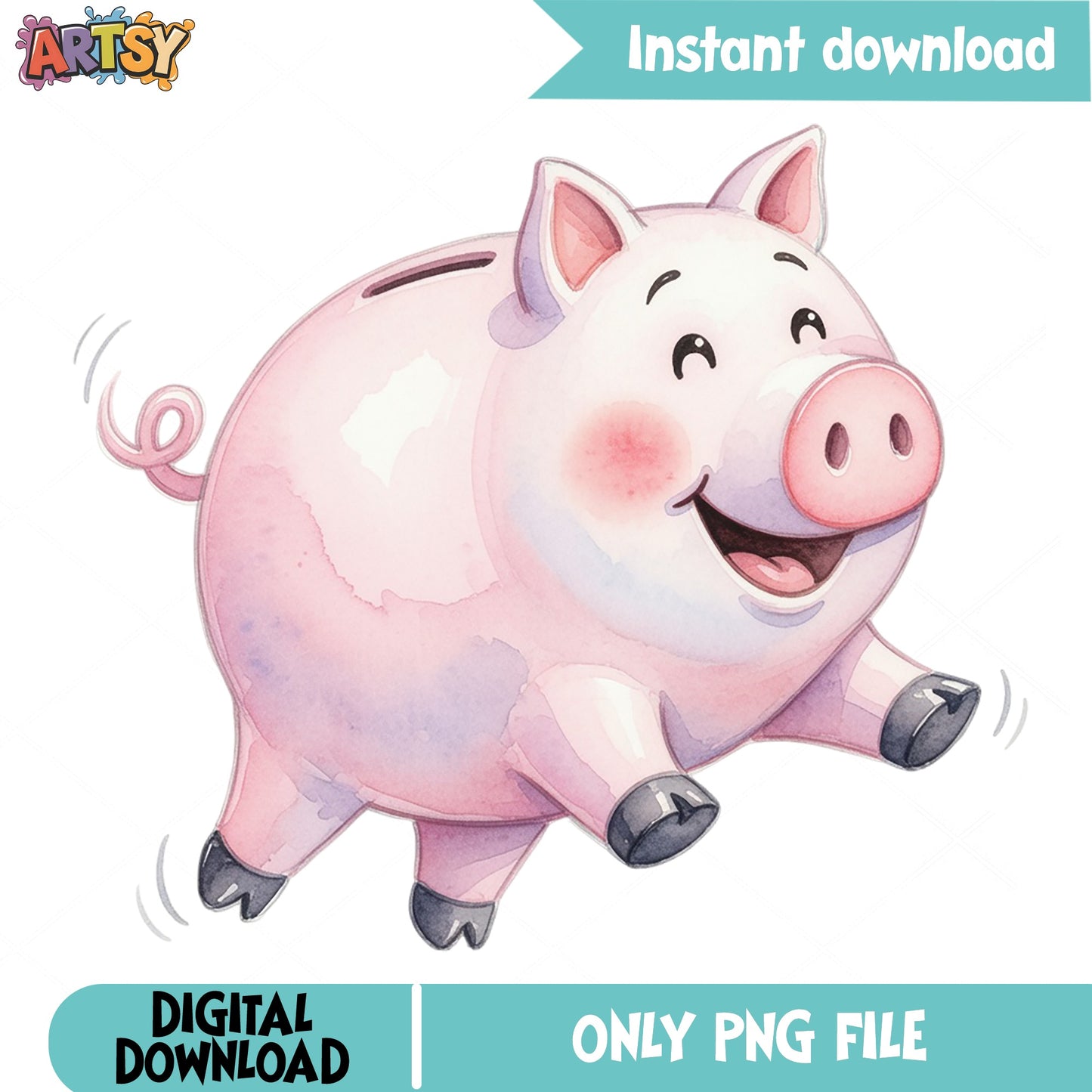 Cute Piggy Bank PNG, Watercolor Pig Clipart, Farm Animal PNG