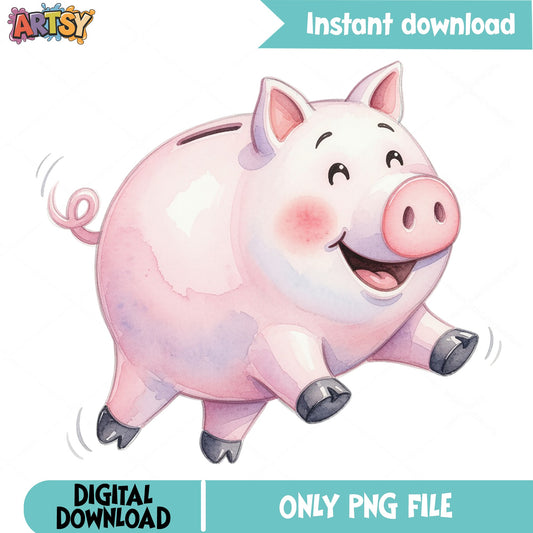 Cute Piggy Bank PNG, Watercolor Pig Clipart, Farm Animal PNG