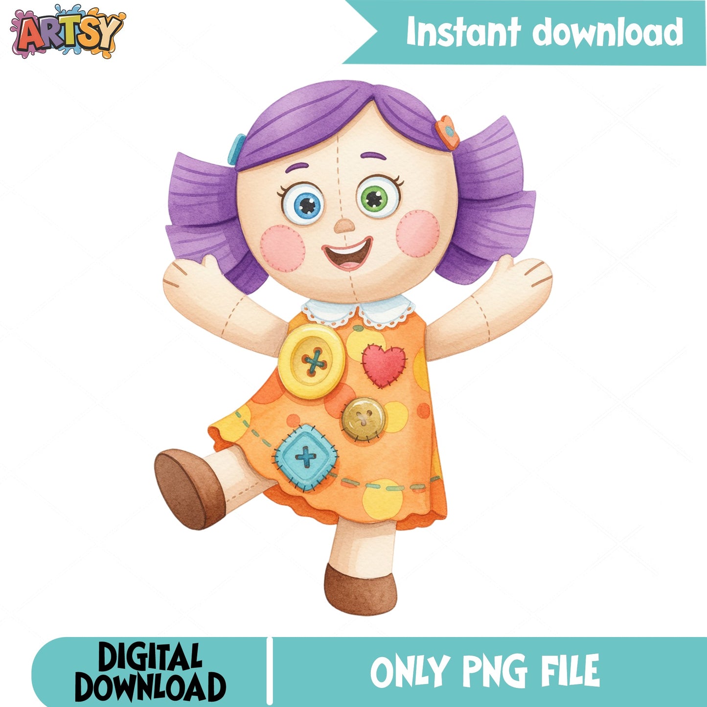 Cute Rag Doll Clipart PNG, Purple Hair Doll PNG, Girl Doll PNG