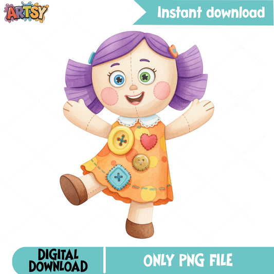 Cute Rag Doll Clipart PNG, Purple Hair Doll PNG, Girl Doll PNG