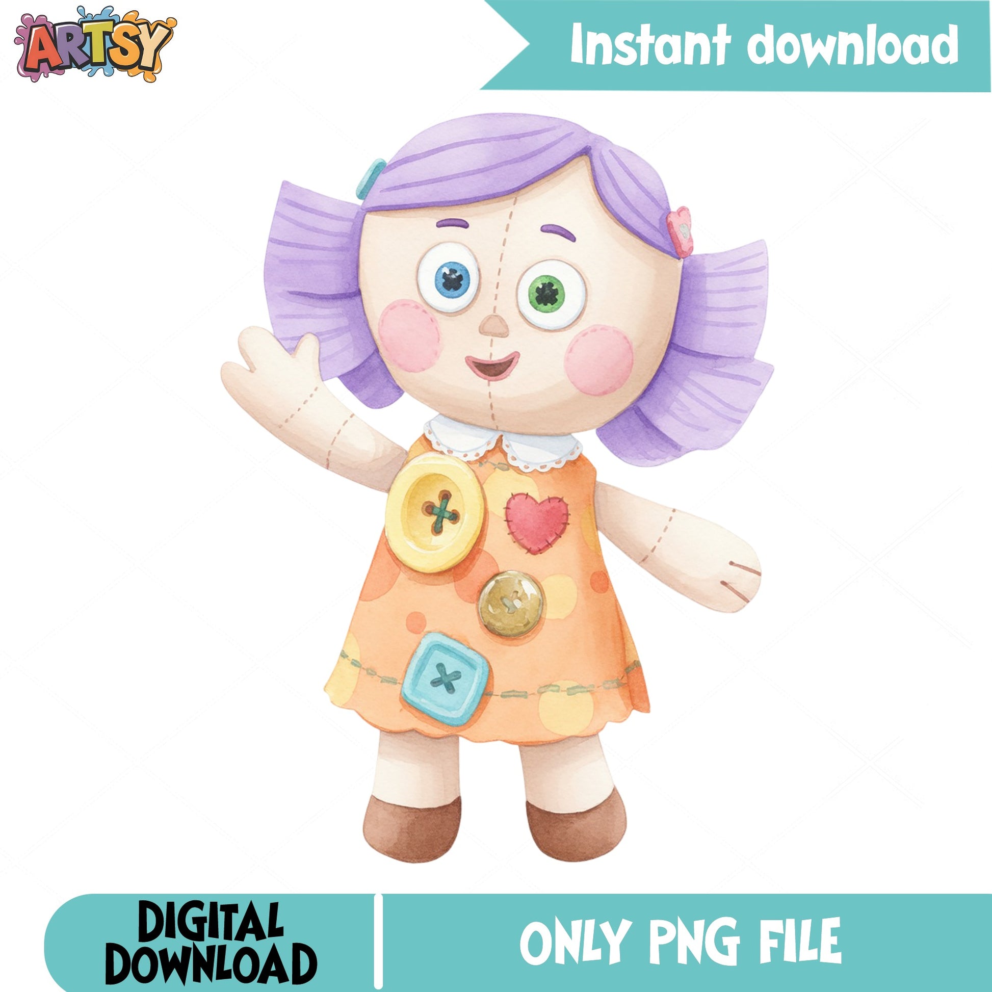 Cute Rag Doll Clipart PNG, Purple Hair Doll PNG, Watercolor Doll PNG