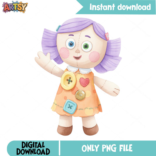 Cute Rag Doll Clipart PNG, Purple Hair Doll PNG, Watercolor Doll PNG