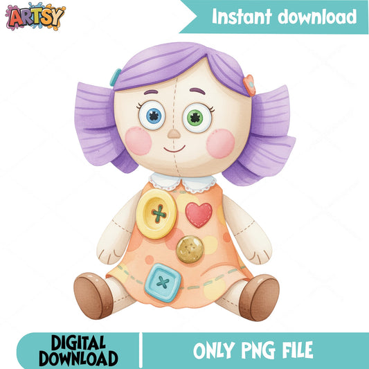 Cute Rag Doll Clipart PNG, Watercolor Doll PNG, Kids Toy PNG