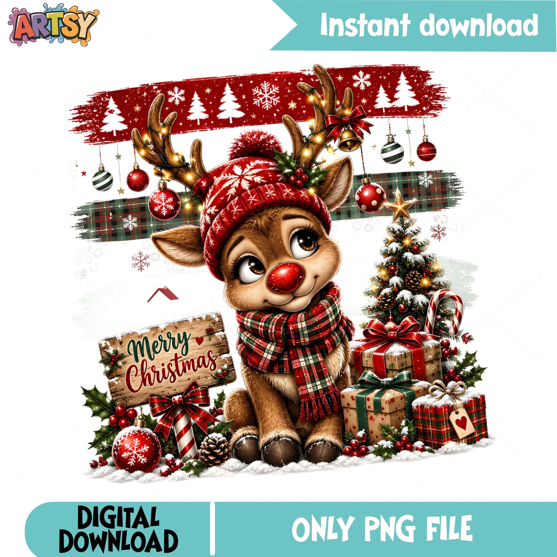 Cute Reindeer Merry Christmas PNG, Rudolf Christmas PNG, Holiday PNG