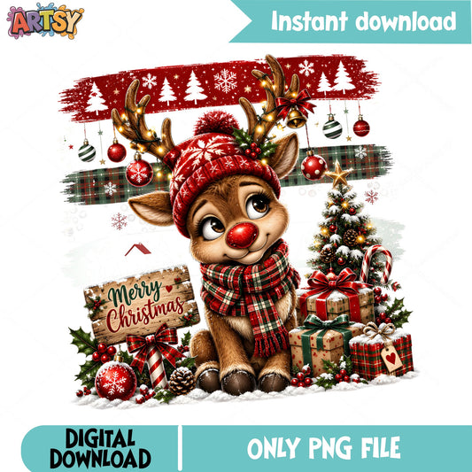 Cute Reindeer Merry Christmas PNG, Rudolf Christmas PNG, Holiday PNG