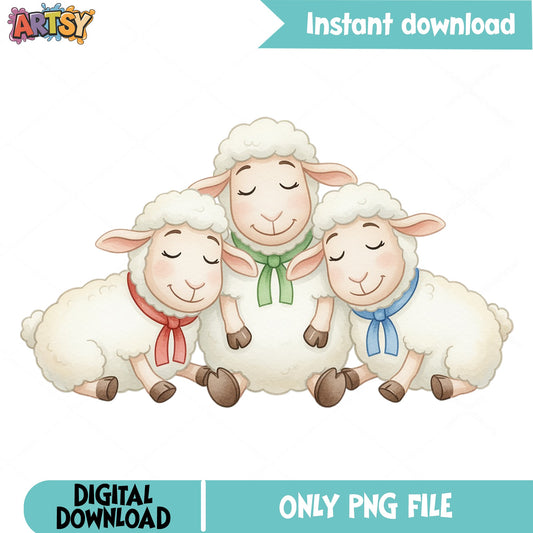 Cute Sheep Trio Watercolor PNG, Baby Lamb Clipart, Farm Animal PNG