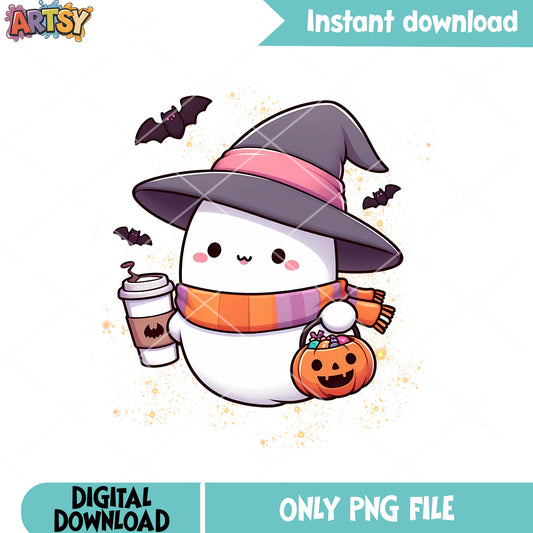 Cute ghost hot chocolate png, Winter vibes png, halloween scary png