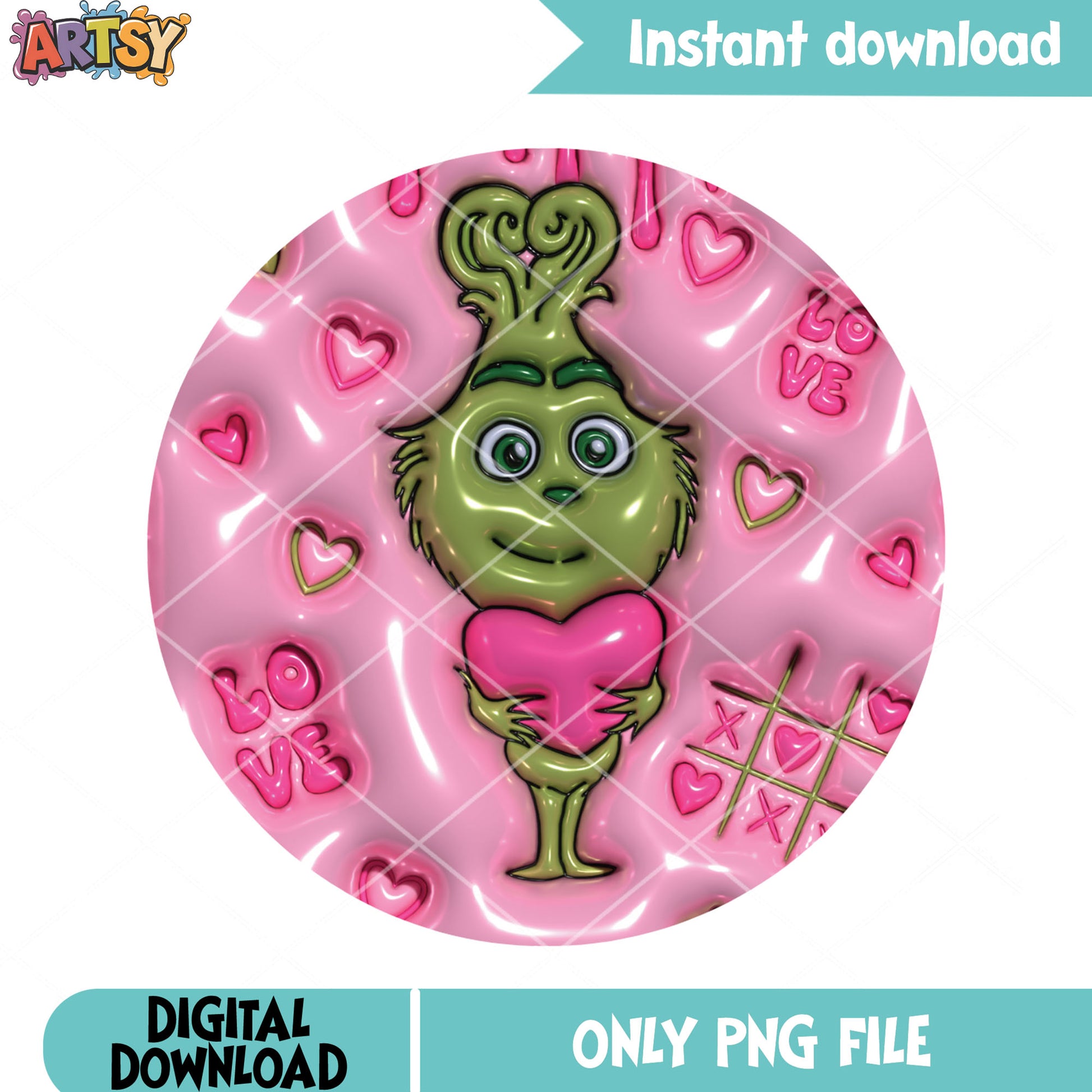 Cute grinch holding pink png, baby grinch love png, valentines day png