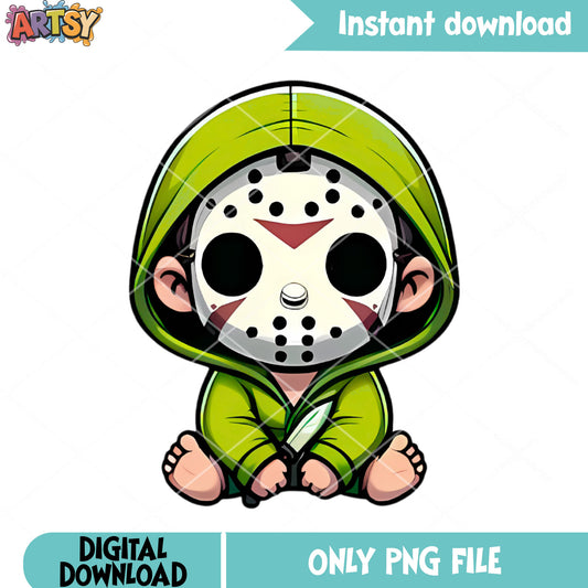 Cute jason voorheez png, cute halloween png, green raincoat png