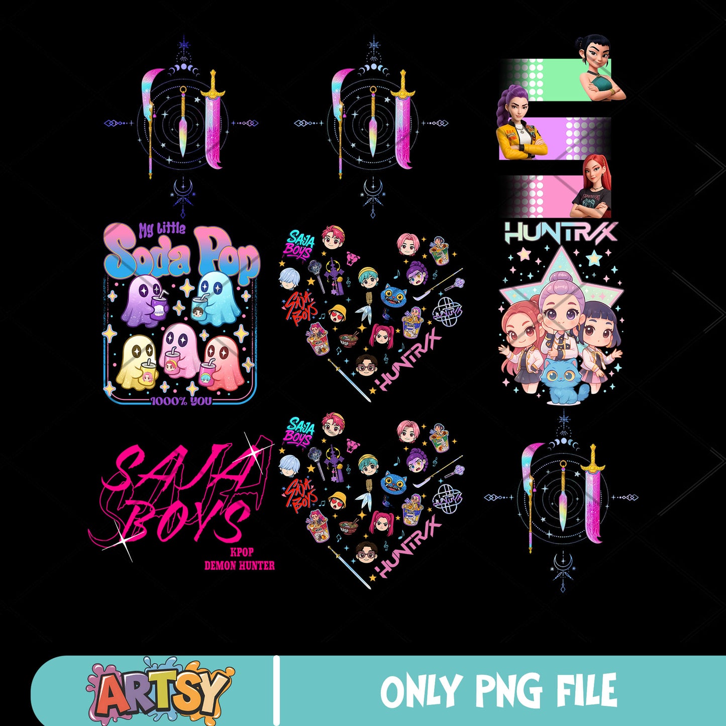 Cute kpop hunters png bundle, huntrix movie​ png, kpop demon hunters png