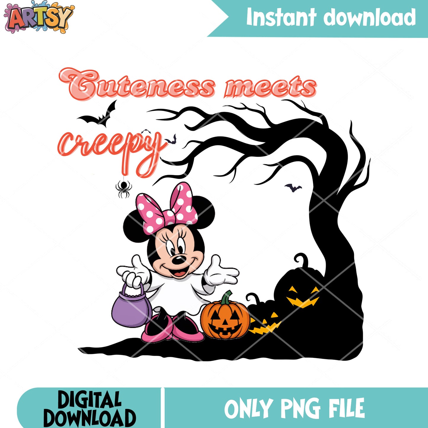Cuteness meets creepy png, wicker pumpkin png, minnie mouse png