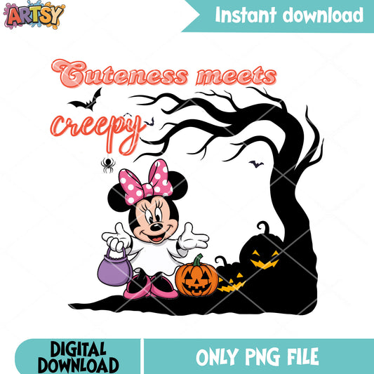 Cuteness meets creepy png, wicker pumpkin png, minnie mouse png