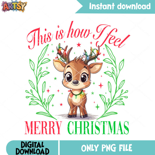 Cute reindeer christmas poster png, christmas lights png, noel png