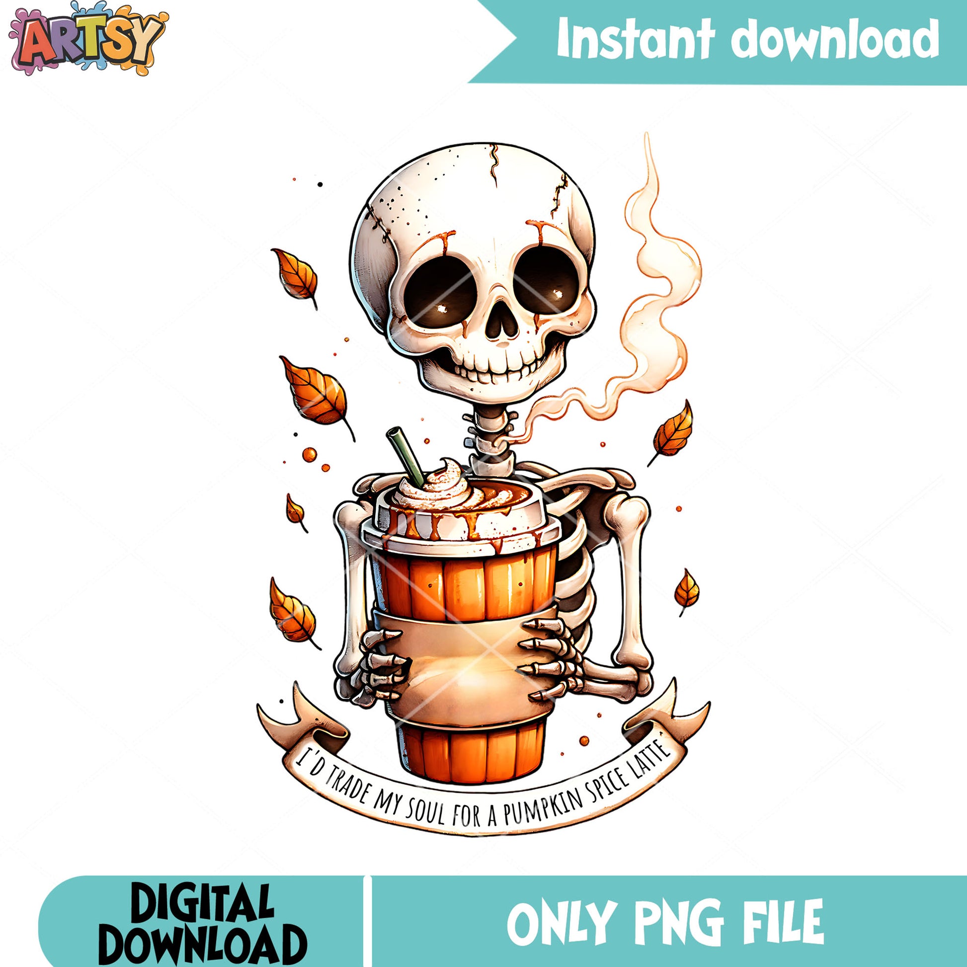 Cute skeleton hot latte png, autumn leaves​ png, halloween scary png