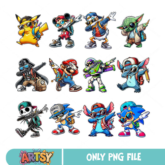 Dabbing cartoon heroes png bundle, sonic stitch cool png, mario buzz png