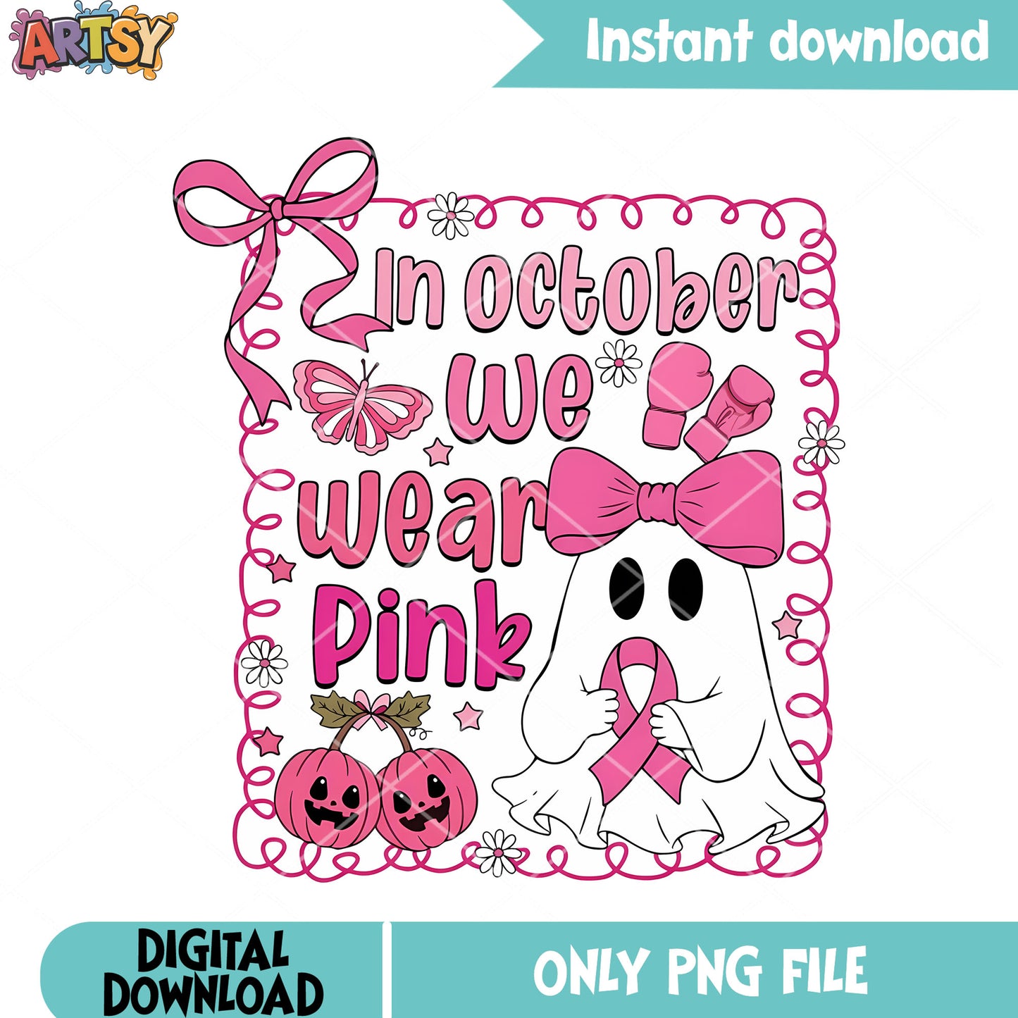 Daisy ghost png, halloween pumpkin png, in october we wear pink png
