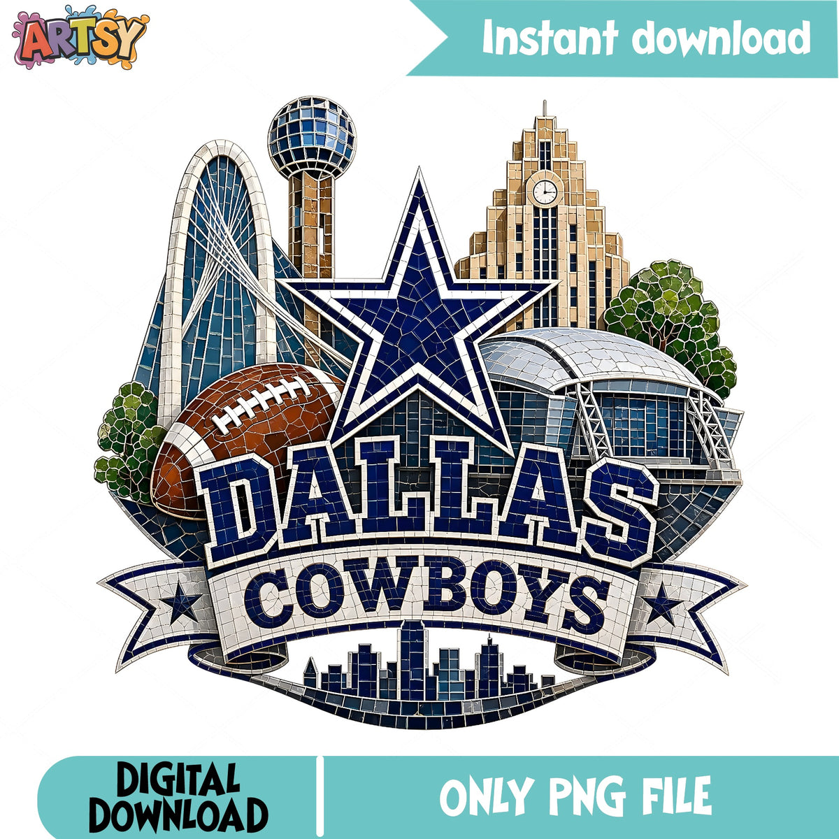 Dallas Cowboys Mosaic Stained Glass PNG, NFL Football PNG, Dallas Skyline PNG