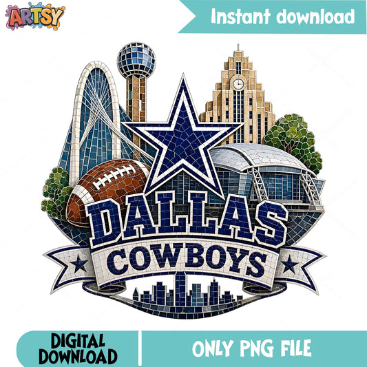 Dallas Cowboys Mosaic Stained Glass PNG, NFL Football PNG, Dallas Skyline PNG
