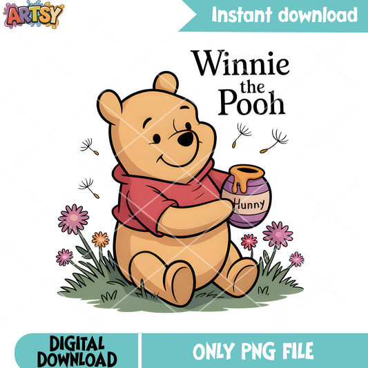 Đanelion flower bear poster png, pooh poster png, classic pooh png