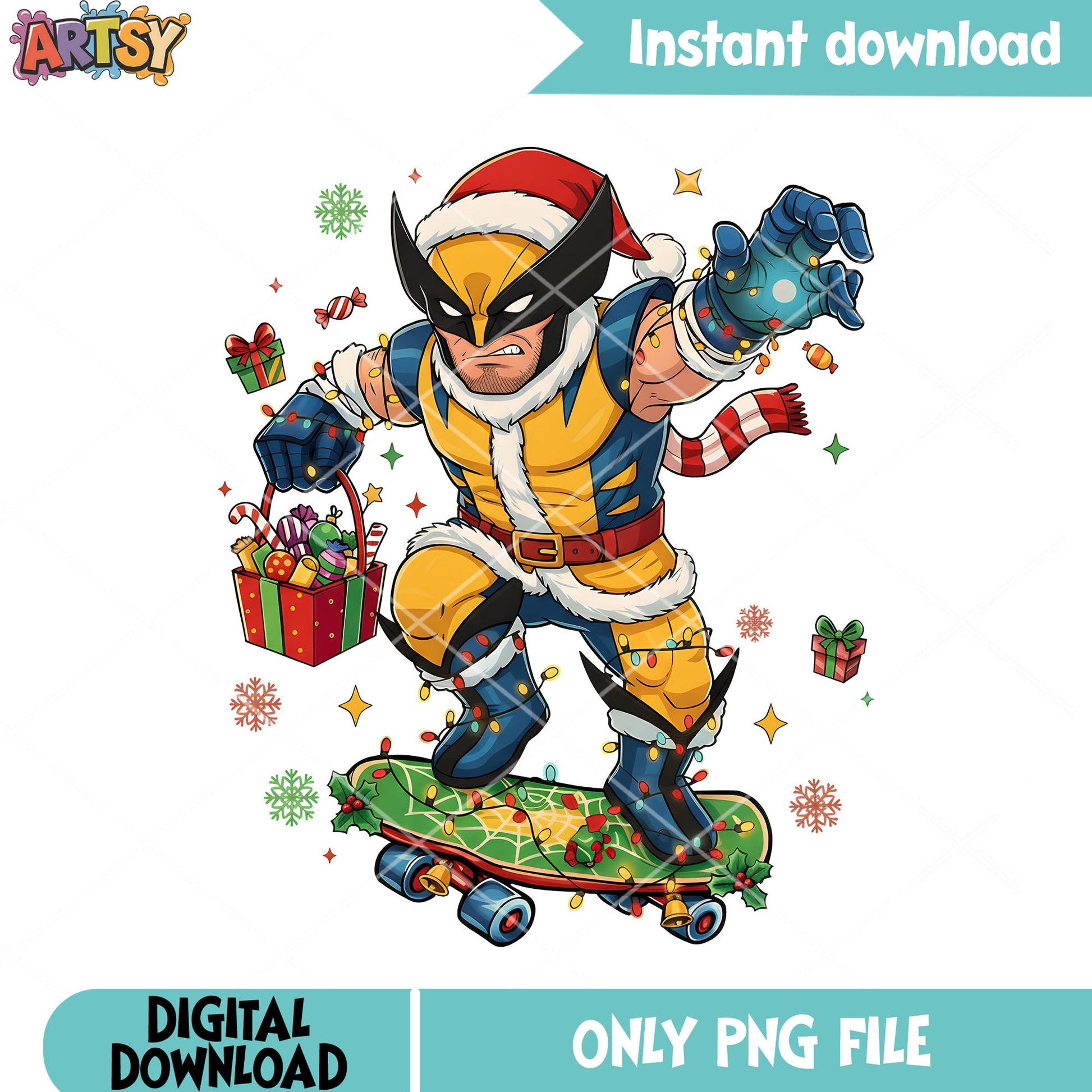 Dc comic christmas png, wolverine png, christmas present png