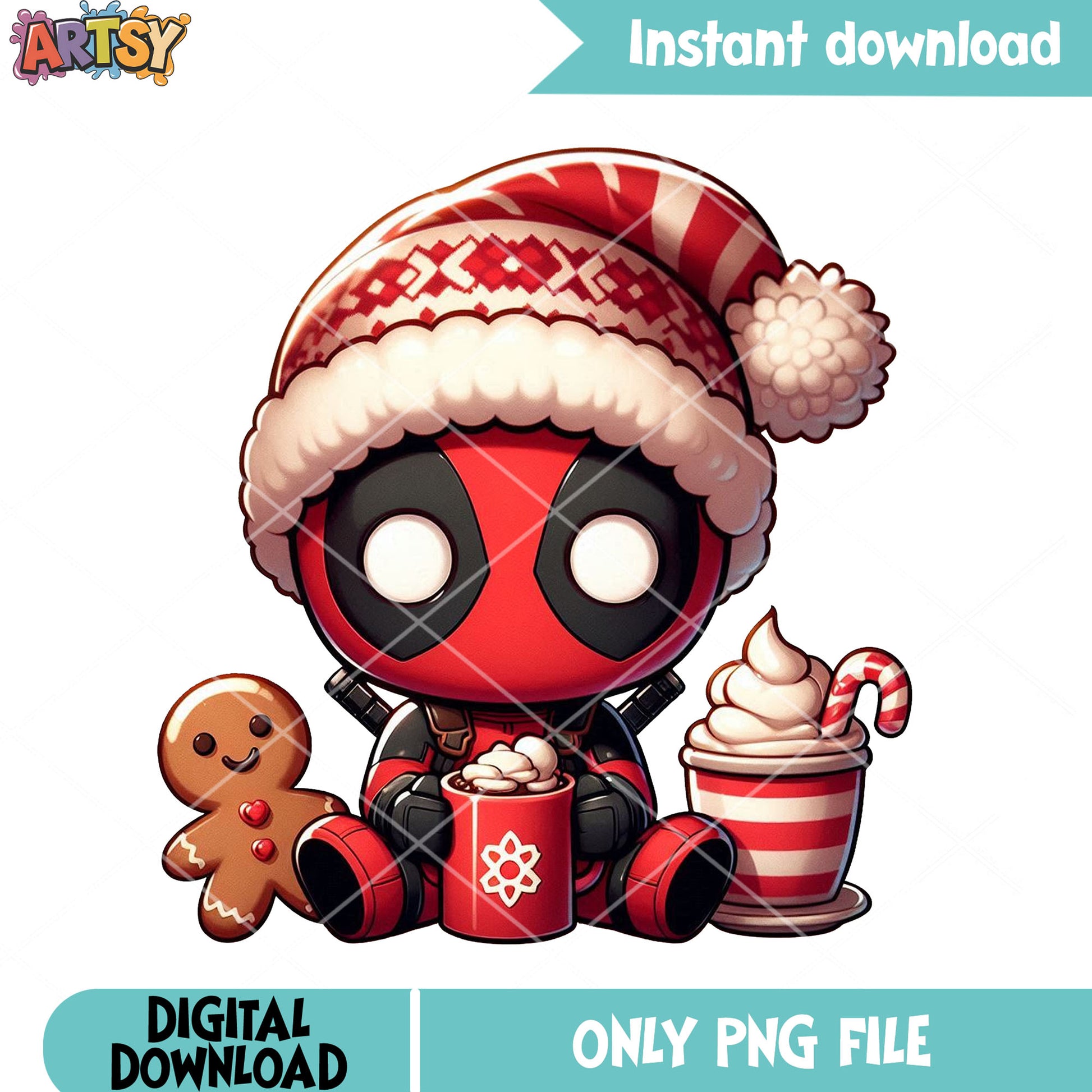Deadpool chibi love coffee png, christmas beanie png, christmas coffee png