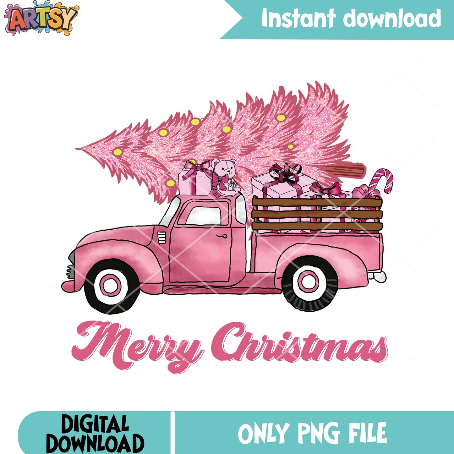 Delicery a pink christmas tree png, christmas gifts png, merry xmas png