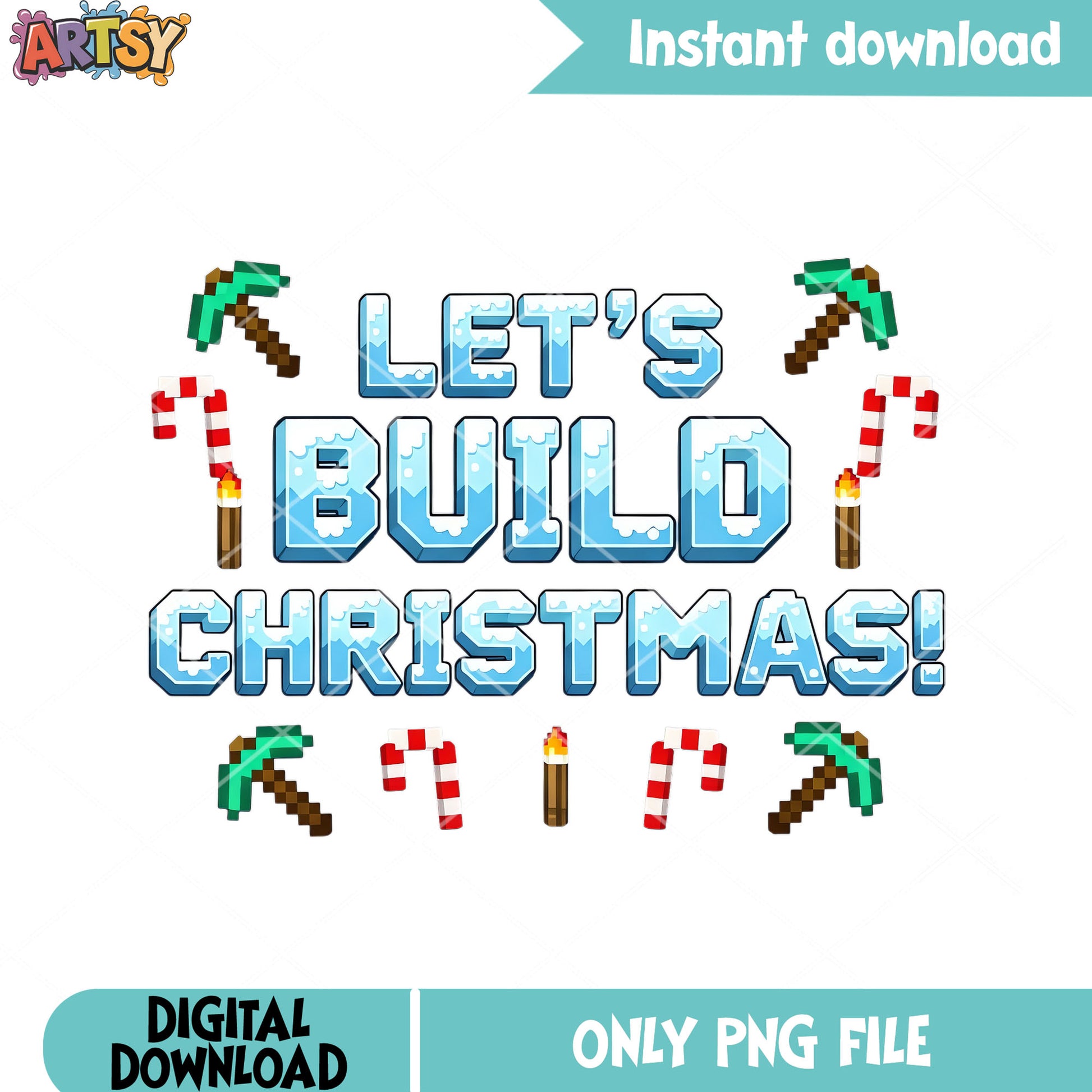 Diamond pickaxe christmas png, happy christmas png, minecraft png