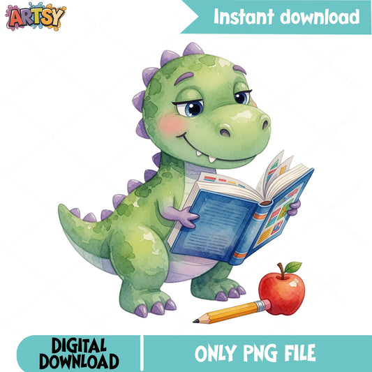 Dinosaur Reading Book PNG, Back To School Clipart, Cute Dino PNG