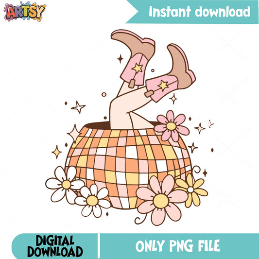 Disco Ball Cowboy Boots Floral PNG, Western Retro PNG, Boho Cowgirl PNG