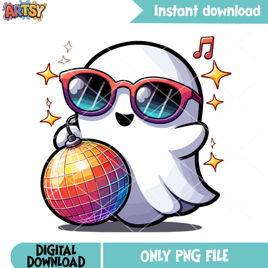 Discoball fancy ghost png, party glasses png, scary night png