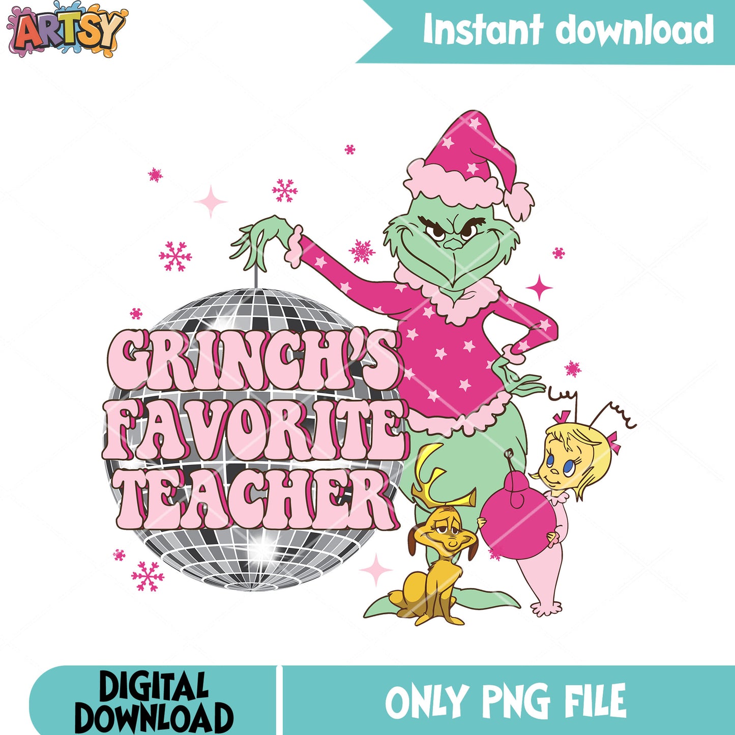 Disco teacher christmas png, the grinch png, christmas designs png
