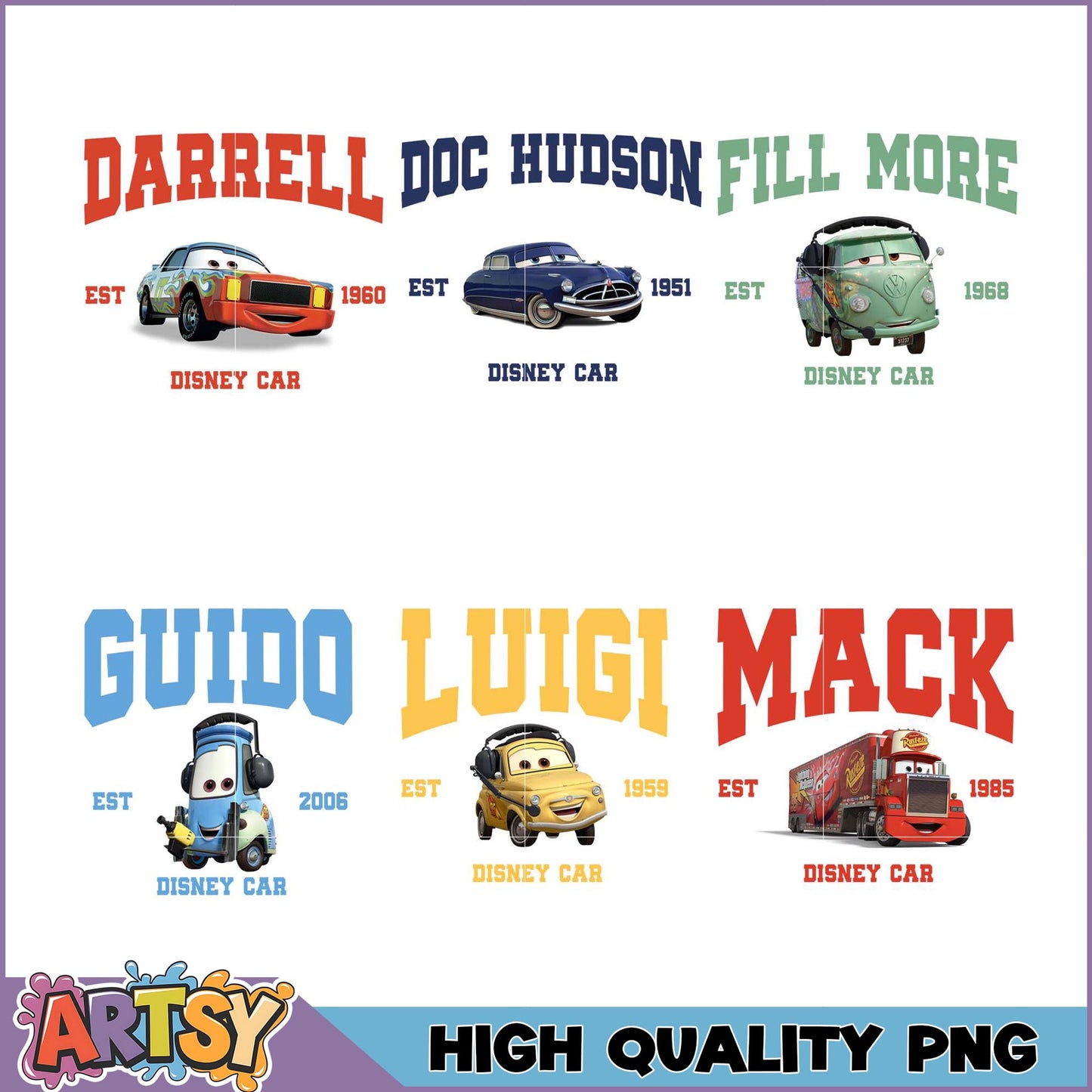 Disney Cars PNG Bundle Featuring Iconic Characters and Years