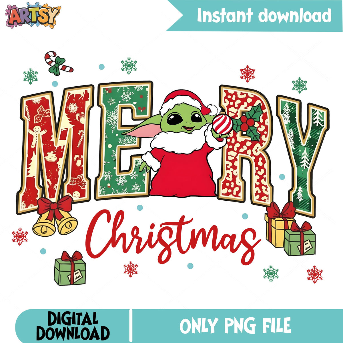 Baby Yoda Merry Christmas Script PNG, Grogu PNG, Gift Box PNG