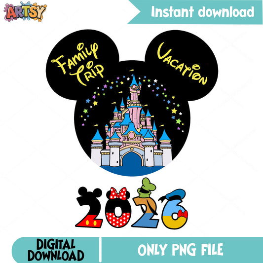 Disney Family Trip Vacation 2026 PNG, Mickey Mouse PNG, Disney Castle PNG