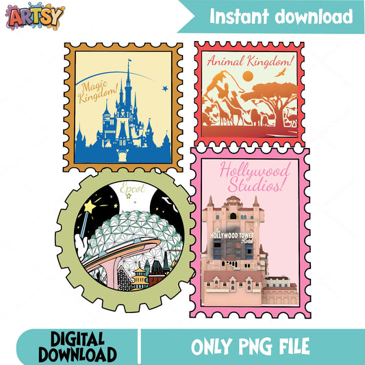 Disney Parks Stamp Bundle PNG, Magic Kingdom Epcot PNG, Walt Disney World PNG