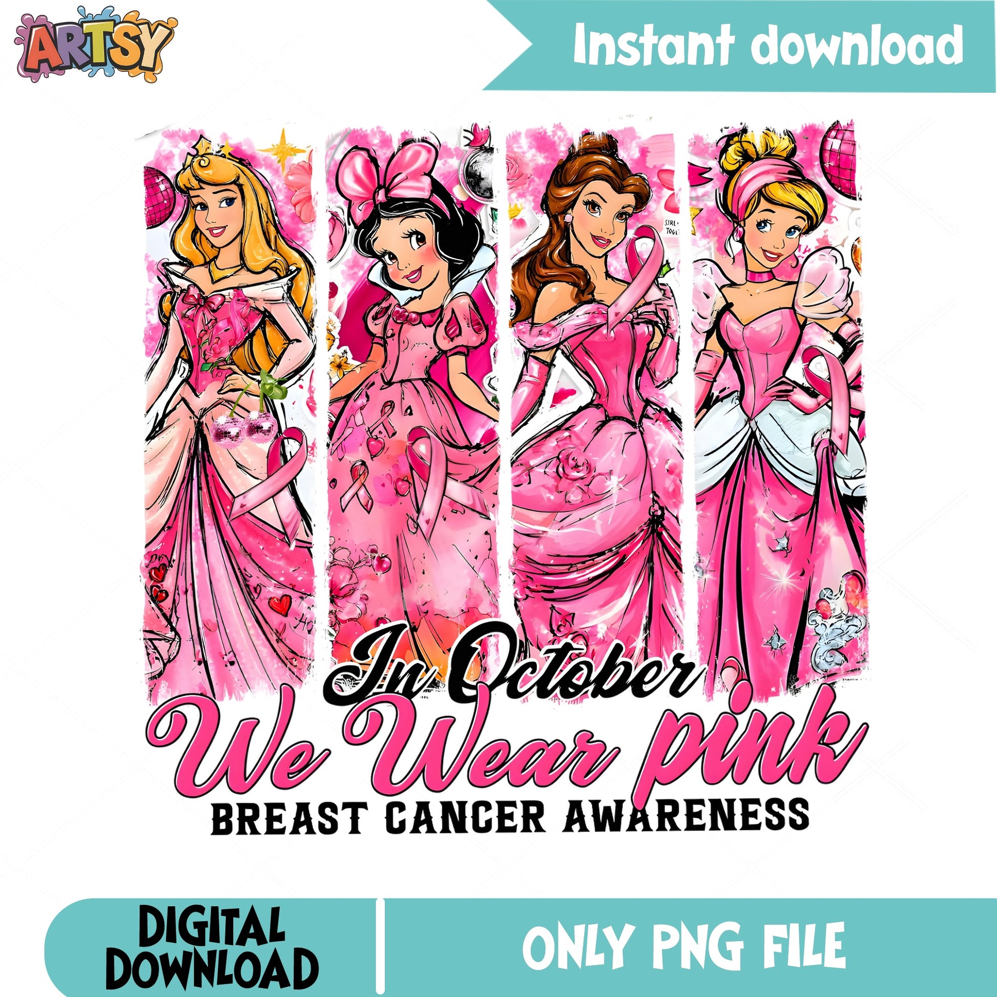 Disney Princess Breast Cancer Awareness PNG, In October We Wear Pink PNG