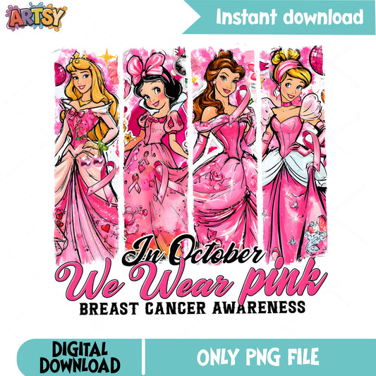 Disney Princess Breast Cancer Awareness PNG, In October We Wear Pink PNG